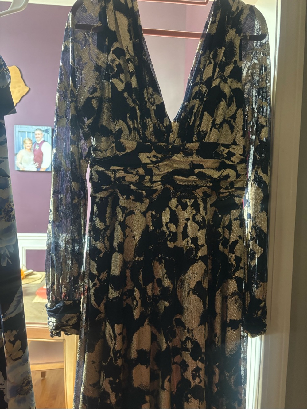 Betsy & Adam Navy and Gold Floral Metallic V-Neck A-Line Gown - Picture 2 of 5